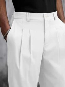 SLATEMANN Men's Solid Color Pleated Casual Versatile Daily Travel Long Pants - White - View 3