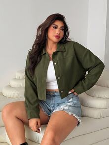 Solflare Women's Plus Size Solid Color Casual Versatile Daily Wear Long Sleeve Jacket - Army Green - View 6