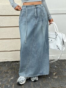 Dazy Plus Autumn High Waist Drawstring Light Blue Washed Slim Straight Long Denim Skirt - Medium Wash - View 8
