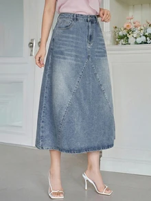 Dazy Plus Spring Summer Autumn Vintage Washed Casual Style A-Line Denim Skirt With Pockets For Women - Medium Wash - View 1