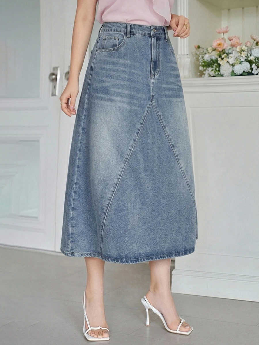 Dazy Plus Spring Summer Autumn Vintage Washed Casual Style A-Line Denim Skirt With Pockets For Women - Medium Wash - View 1