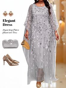 Fleurora Plus Size Women's Floral Embroidered Mesh Batwing Sleeve Elegant Dress - Silver - View 6