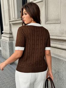 Vionelle Casual Curve 2 In 1 Contrast Color Lapel Cable Knit Polo Short Sleeve Pullover Sweater Plus Size Autumn Graduation Vacation Formal Brown Fall - Coffee Brown - View 2