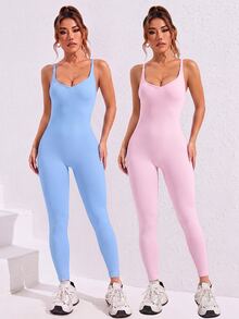 SHEIN Velisys 2件組女款無縫羅紋U背性感提臀運動連身衣，緊身肩帶連身內衣，適合瑜珈、健身、跑步與休閒穿著 - 彩色 - 查看 5