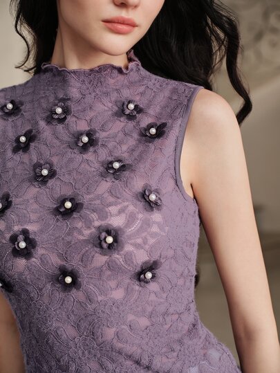 Anewsta Camiseta sin mangas ajustada con encaje floral 3D y ribete de volantes morados para mujer, estilo principios de otoño