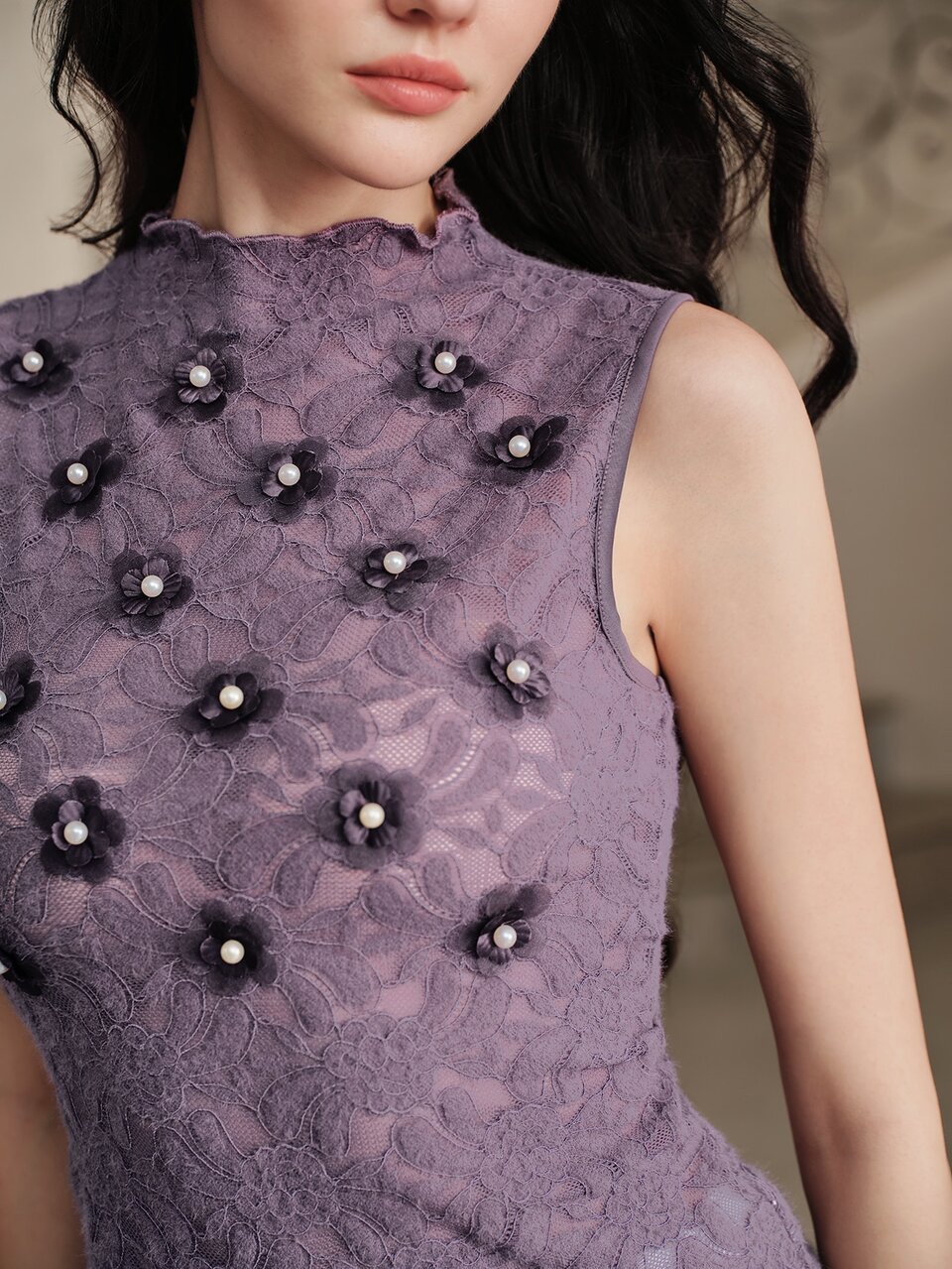 Early Autumn Purple Frill Trim 3D Floral Lace Sleeveless Fitted Camisole Tank Top For Women