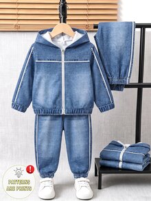 SHEIN 男童 2 件套運動衫套裝，秋冬長袖連帽褲裝套裝，白色印花拉鍊式，適合日常、生日、花童穿著、學校與運動 - 藍色 - 查看 3