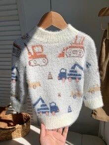 SHEIN 男嬰秋冬休閒可愛汽車圖案毛衣，嬰兒毛衣，毛絨毛衣 - 彩色 - 查看 2