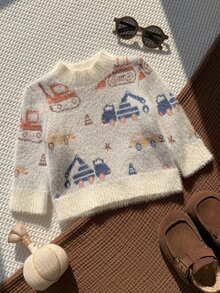 SHEIN 男嬰秋冬休閒可愛汽車圖案毛衣，嬰兒毛衣，毛絨毛衣 - 彩色 - 查看 7