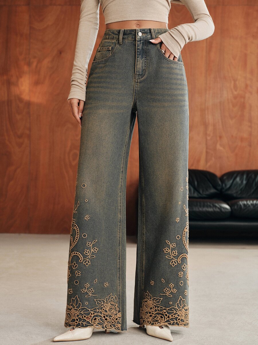 Anewsta Women's Casual Versatile Daily Wear Denim Jeans With Pocket, Button And Floral Embroidery Pattern - Blue - View 1