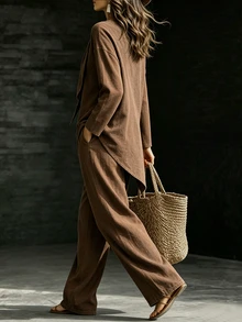 SHEIN Fall Winter Brown 2‑Piece Outfit Casual Commuter Draped Knot Top & Pants Country Style Matching Set For Party Going Out Wear Renaissance Outfit Women - Brown - View 3