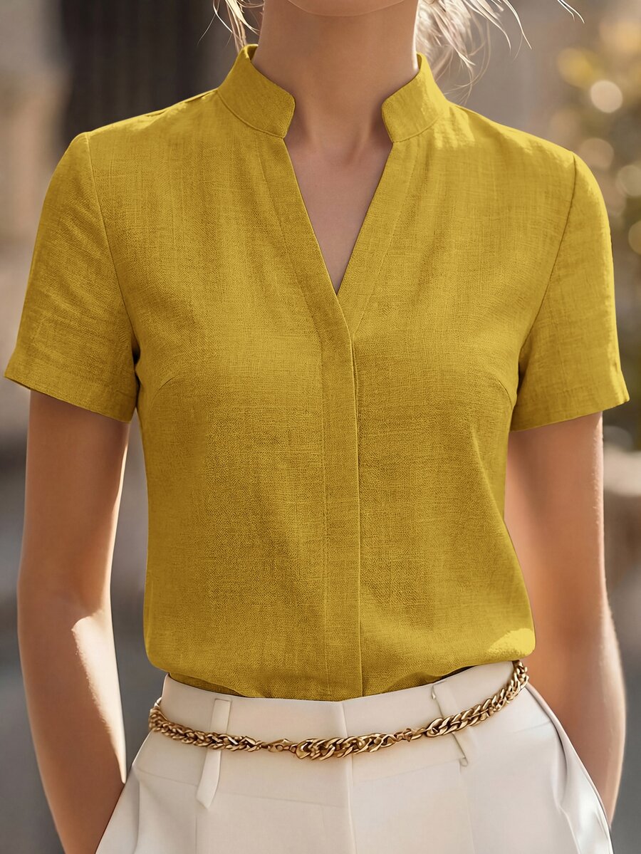 Editum Women's Short-Sleeved Mandarin Collar Linen-Like Tank Top, Versatile And Slimming For Commuting - Yellow - View 1