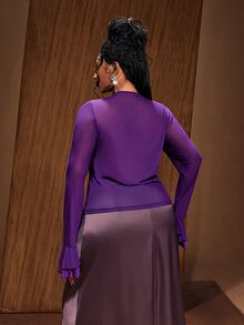 Maweii Plus Size Women's Sexy Round Neck Flowy Ruffle Trim Patchwork Long Sleeve Slim Fit Flattering Mesh Solid Purple T-Shirt Fall - Purple - View 4