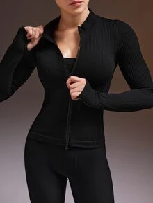 Powerista Women's Black Ribbed Surface Washed Process Stand Collar Slim Fit Long Sleeve Athletic Tight Jacket - Black - View 7