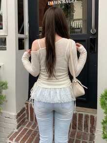 Dazy Plus Korean Style Asymmetrical Shoulder Ruffle Camisole & Casual Long Sleeve 2 Pieces Set - Apricot - View 5