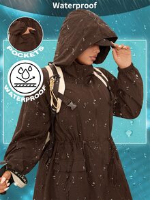 SHEIN EZwear 巧克力棕色收腰連帽大尺碼女款風衣，適合家庭度假、徒步、秋季休閒與賽車風格 - 巧克力棕 - 查看 1