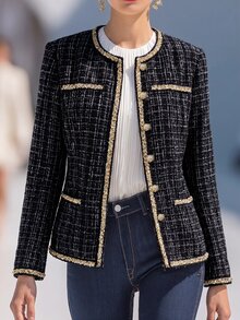 LUMIGAL Women's Autumn/Winter Long Sleeve Colorblock Patchwork Lace Trim Tweed Fashion Elegant Jacket - Black - View 7
