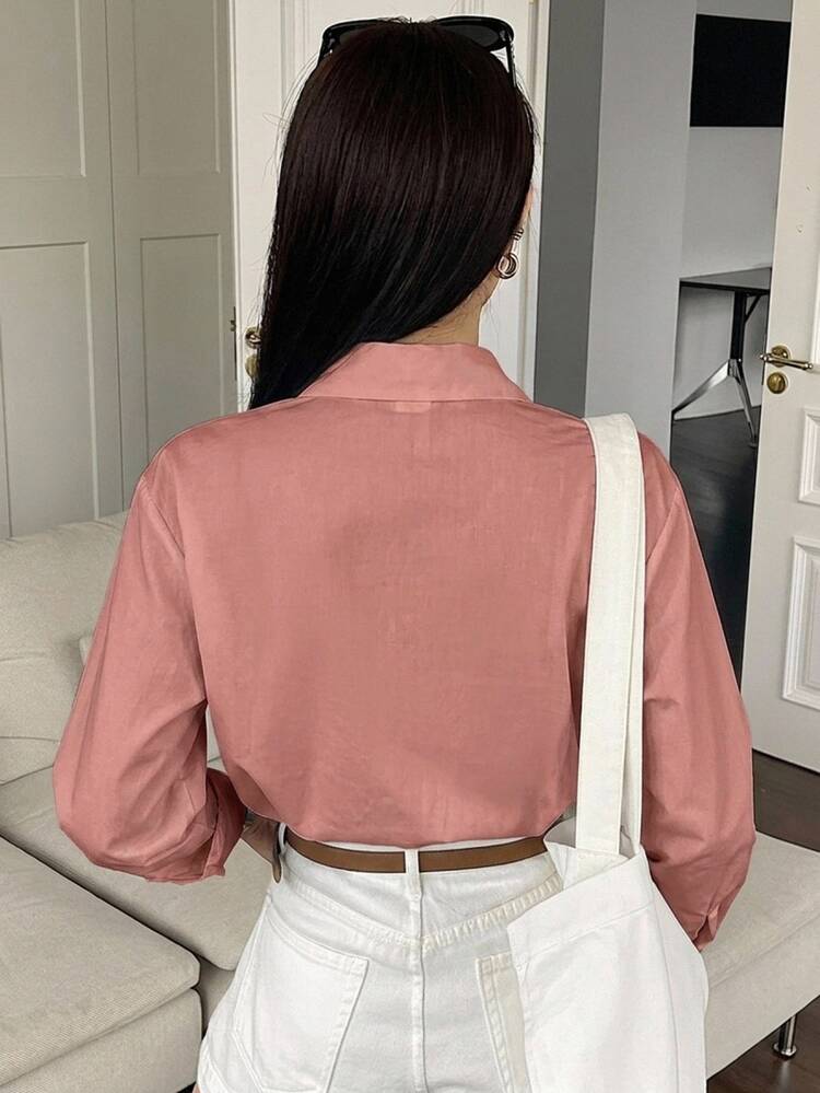 DAZY Women's Solid Color Long Sleeve Single-Breasted Casual Commute Shirt - Khaki - View 2