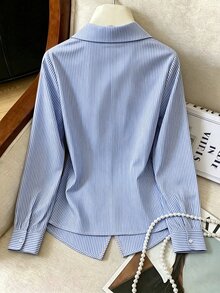 SHEIN Fashionable Elegant Lapel Ribbon Waist-Cinching Button Decor Daily Wear Date Casual Blouse Women's Outing Top - Blue - View 3