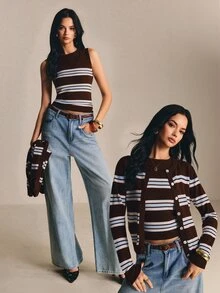 Poéselle 2026新款春夏/秋冬度假女裝酒紅色條紋針織兩件套圓領開襟衫與細肩帶背心上衣 - 咖啡棕 - 查看 4