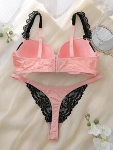DelicateAllure 2pcs Pink Underwire Molded Cup High Support Lace Patchwork Sheer Romantic Elegant Plus Size Lingerie Set - Pink - View 2