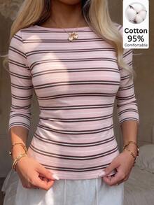 CovetEZ 95%棉女款休閒修身3/4袖條紋T恤 - 彩色 - 查看 7