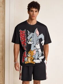 TOM & JERRY X SHEIN Men's Cartoon Print Short Sleeve T-Shirt And Pocket Shorts Set - Black - View 1