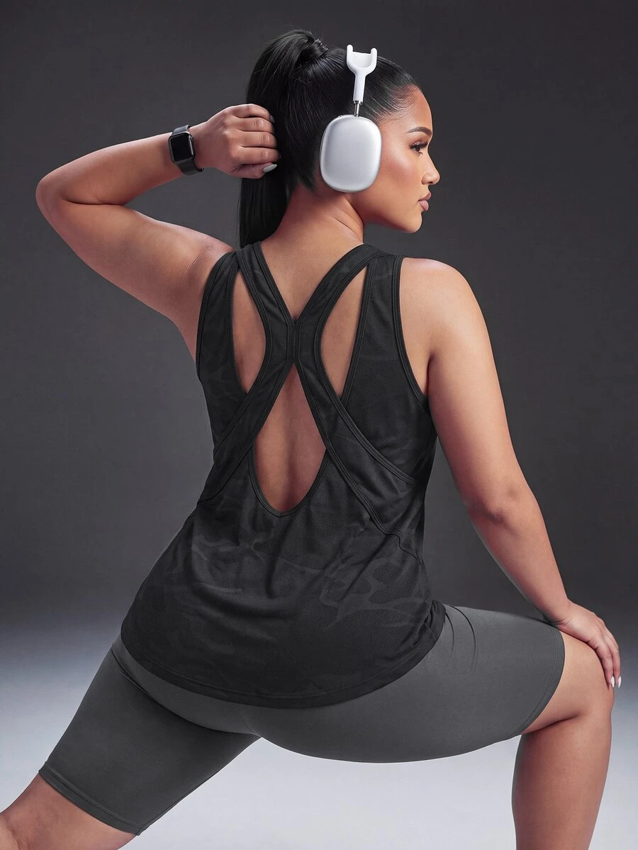 Powerista Women's Plus Size Double Layer Loose Back Sports Tank Top Breathable Soft Fabric Casual Curve Alternative Tropical Black Workout Summer Gym - Black - View 1