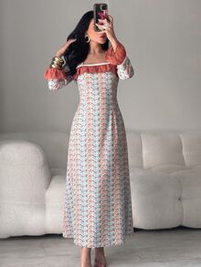 Yasmyna Women's Floral Patchwork Ruffle Hem Elegant Arabian Dress - Multicolor - View 6