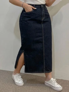 Dazy Plus Vintage Versatile Long Straight Split Hem Denim Skirt, Spring Summer Autumn - Dark Wash - View 5