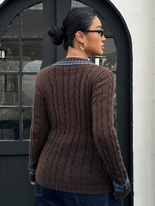 Dazy Plus Colorblock Patchwork V-Neck Slim Fit Blogger Casual Long Sleeve Spring/Autumn New Brown Sweater - Brown - View 2