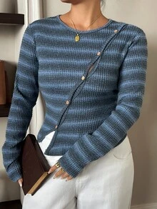 Dazy Plus Floral Yarn Asymmetrical Collar Fitted Long Sleeve Round Neck Casual Vacation Spring Autumn Top Cardigan - Dusty Blue - View 7