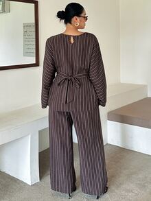 Dazy Plus Autumn Loose Business Casual Ruffle Waist Office Wear Shirt And Suit Pants 2 Pieces Set Elegant - Brown - View 8