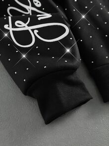 ROMWE MEN Men's Loose Fit Hoodie With Sparkling Rhinestone Print Pattern - Black - View 4
