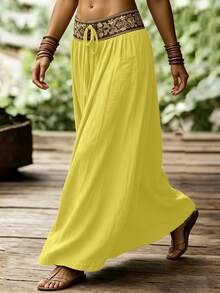 SHEIN Holidaya Damen-Rock mit Wellen-Falten, besticktem Blumenmuster und Band, geeignet für Frühling und Sommer, lässiger Alltag, eleganter Alltag, frischer Stil, Bürooutfit, vielseitiger Freizeitrock, lässige Urlaubs- und Strandkleidung, Country-Musik-Konzert-Outfit, Damen-Sommerurlaubs-Outfit, grüner Rock, Juni-Festival-Party-Rock - Gelb - Übersicht 4