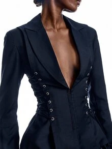 LYSMO Women's Solid Color Lapel NeckEyelet Lace-Up Design Fashion Blazer - Navy Blue - View 8