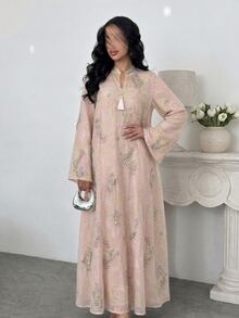 Yasmyna Women's Embroidered Beadwork Fabric Exquisite Tassel Fashion Loose Comfortable Long Robe - Baby Pink - View 4