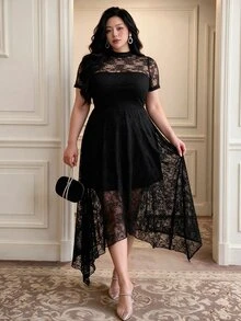 Vibekara Fashionable Elegant High Neck Mesh Elastic Dress - Black - View 4