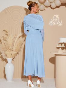Loomaby Maternity Gentle Versatile Mesh Long Sleeve Dress Gender Reveal Baby Shower Fall Photoshoot Baby Blue Elegant Romantic Sexy Chic - Baby Blue - View 5