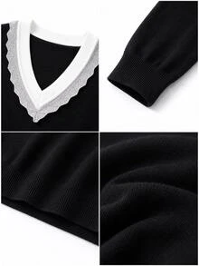 SHEIN Women's Contrast Color V-Neck Long Sleeve Casual Versatile Sweater - Black - View 5