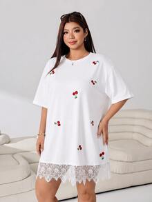 Solflare White Lace Patchwork Cherry Embroidery Plus Size Dress - White - View 7