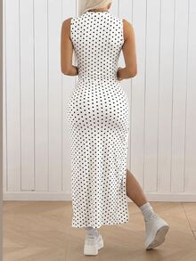 SHEIN EZwear 波點印花高開衩無袖緊身洋裝 - 白色 - 查看 2