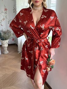 CottageSlumber Bow Print Faux Silk Minimalist Plus Size Robe - Burgundy - View 5