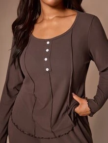 Lazeform Women's Plus Size Brown Round Neck Pleated Faux Button Front Ruffle Trim Soft Cozy Warm Fleece Knit Fabric Casual Everyday Wear Set - Brown - View 2