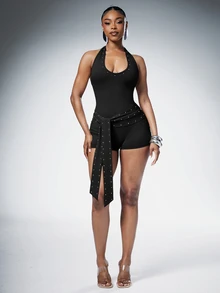 Denimoi Studded Scoop Neck Romper With Belt Sexy Rompers Clubwear GNO Summer Vacation Music Festival - Black - View 1