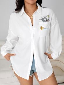 TOM & JERRY X SHEIN SHEIN EZwear 大尺碼女款卡通印花休閒百搭日常穿著襯衫 - 白色 - 查看 1