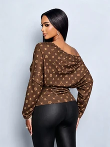 SOLERSUN Women's Brown Monogram Print Off Shoulder Long Sleeve TopRuched Slim Fit Tee With Stretch Fabric - Brown - View 3