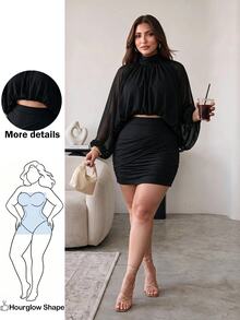 Hourglow Plus Size Women's Black 2 Pieces Skirt Set, High Neck Draped Long Sleeve Blouse Top And Ruched Bodycon Mini Skirt Fall - Black - View 1