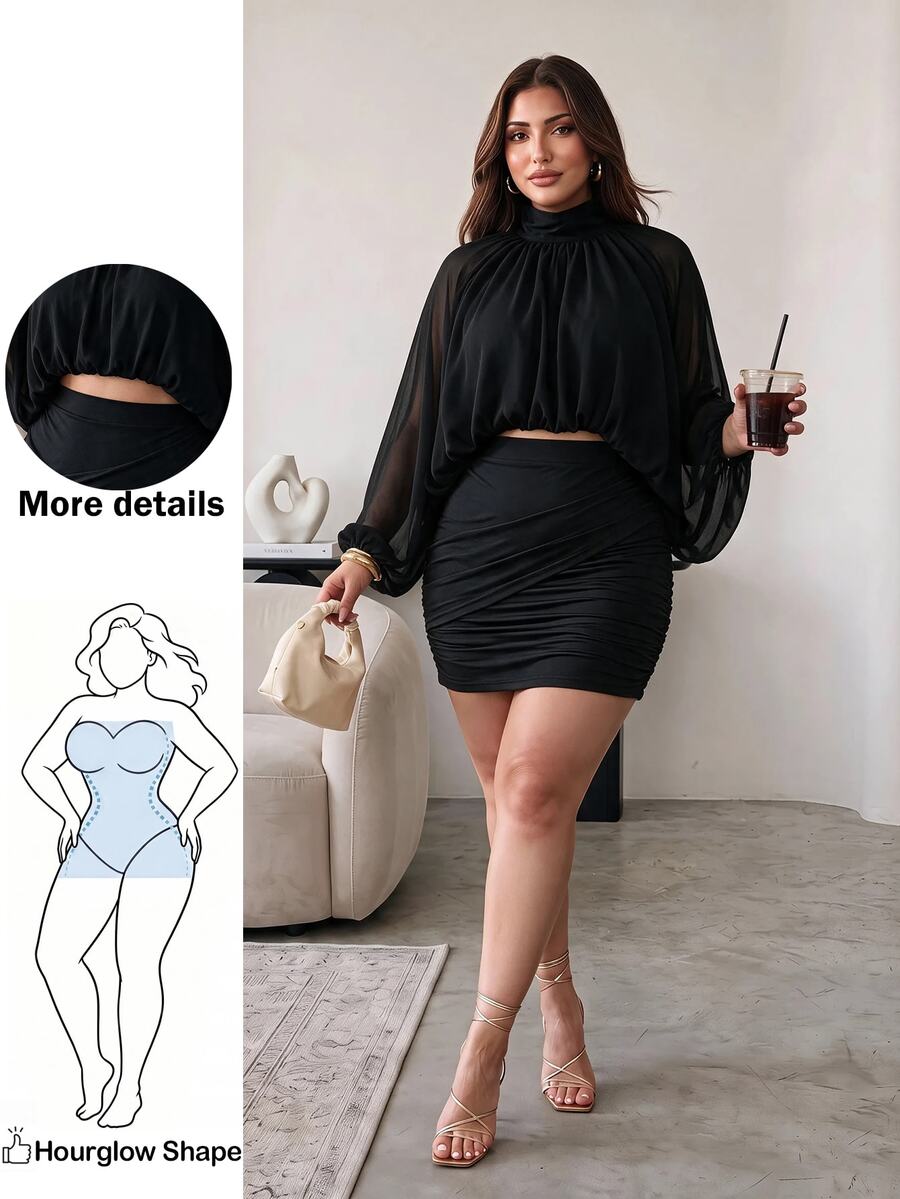 Hourglow Plus Size Women's Black 2 Pieces Skirt Set, High Neck Draped Long Sleeve Blouse Top And Ruched Bodycon Mini Skirt Fall - Black - View 1