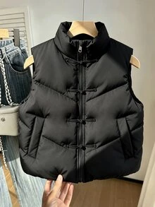 SHEIN 女童冬季燈芯絨復古立領拉鍊背心短款加厚棉服外套，經典百搭可愛日常長袖夾克 - 黑色 - 查看 5